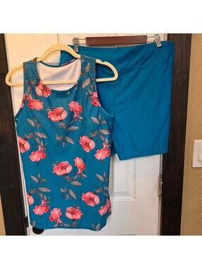 Coral Reef Women's XL Floral Tankini Swim Top and Solid Blue Swim Shorts Set